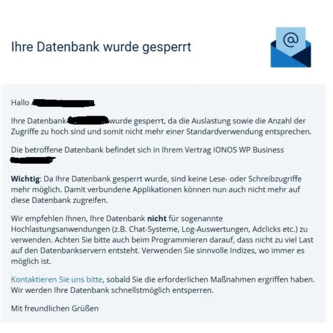🅸🅼 🅵🅰🅻🆂🅲🅷🅴🅽 🅵🅸🅻🅼 ...

Ich weiß gerade nicht, ob ich lachen oder weinen soll.
Ionos hat meinen Blogzugang wegen zu hoher Auslastung gesperrt. Nun soll ich meinen nicht funktionierenden Zugang nutzen, um einen Fehler zu bereinigen, den ich nicht kenne und dann dort anrufen, damit sie die Datenbank wieder freigeben können.
Macht Sinn, oder?

#Bloggerleid #Vollausgebucht #Bookstagram
